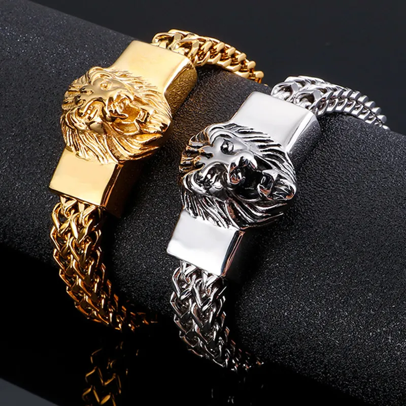 Punk Biker Lion Head Armband Män Hiphop Guld Rostfritt Stål 12mm Breda Snake Chain Mens Charm Armband Bangles Hand Smycken