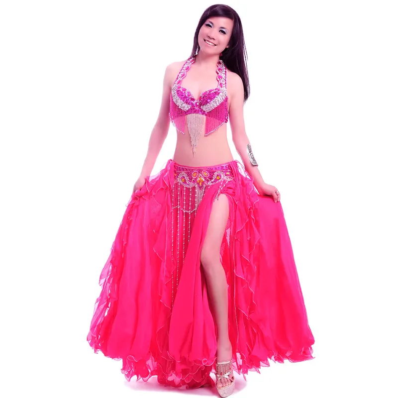 Vintage-Inspired Silk Fuchsia Belly Dance Costume bra and belt any size  (Option: embroidered skirt, bracelet, head or neck piece, net body)