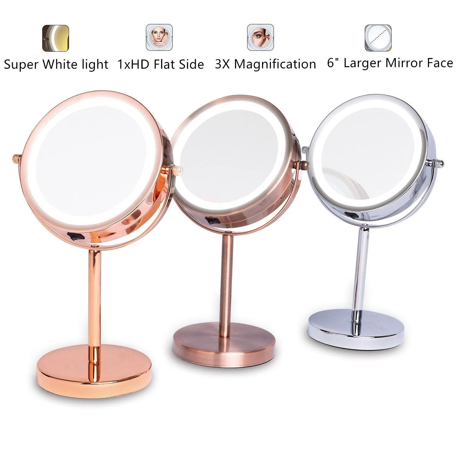 6" 1X / 3X ampliação dupla face espelho com suporte 18 LED iluminado Tabletop maquiagem cosméticos Espelho pilhas Rosegold Bronze Prata