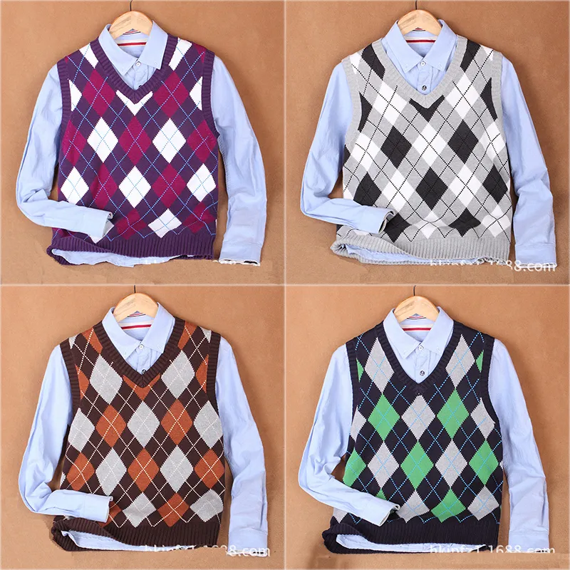 (3 pièces = 20% de réduction) Argyle motif Design col en V homme tricoté gilet hommes sans manches pull gilet violet vert marron jaune marron