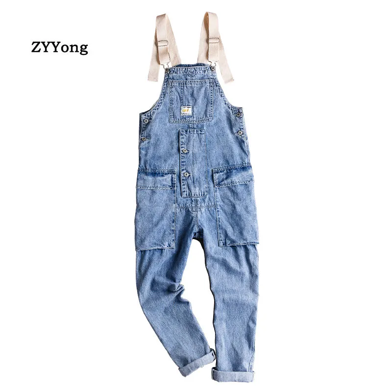 Amerikanischen Licht Blau Lose Overalls Männer Denim Overall Gerade Jeans Bib Hip Hop Große Tasche Cargo Hosen Casual Hosen Kleidung