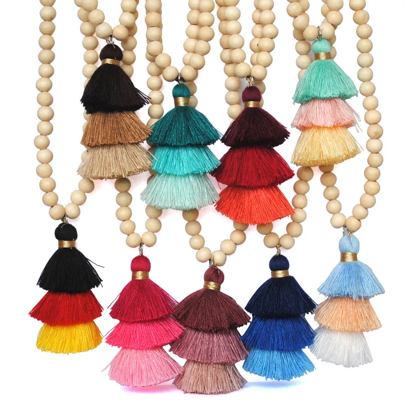 2019 18 Stile Holzperlen-Pulloverkette, ethnische Windholzperlen, 3-lagige Quasten-Anhänger-Halskette, lange Halsketten für Frauen, Mädchen, Geschenk