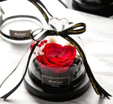 Couronnes de fleurs décoratives, cadeau de saint-valentin préservé, Rose exclusive dans un dôme de verre avec lumières éternelles réelles