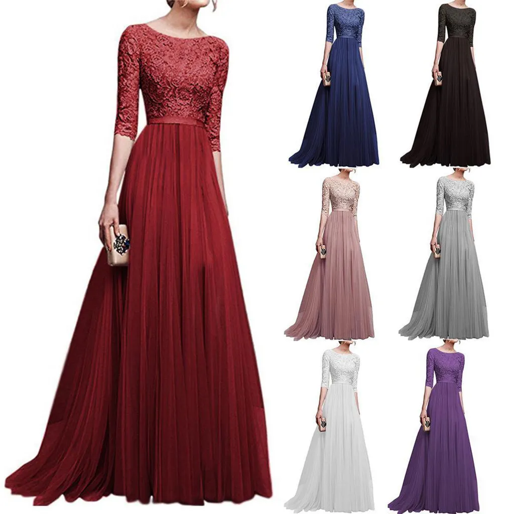 Women Formal Wedding Bridesmaid Long Solid Half Sleeve Female Party Dress Ladies Elegant Maxi Lace Vestidos