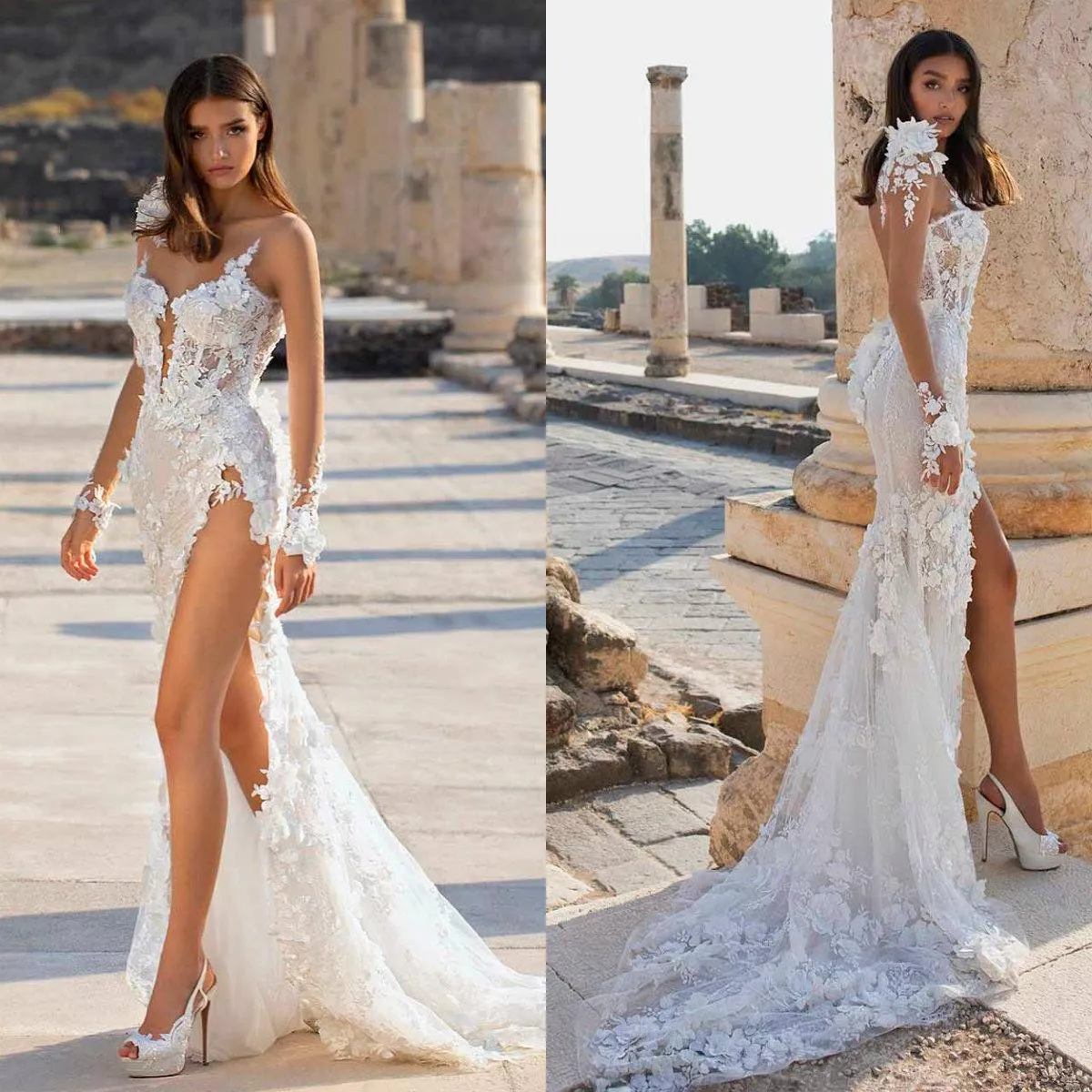 Арабские русалки свадебные платья 2020 New Berta Clace Appliqued High Side Split Bridal Pradies с длинным рукавом Бич свадебное платье