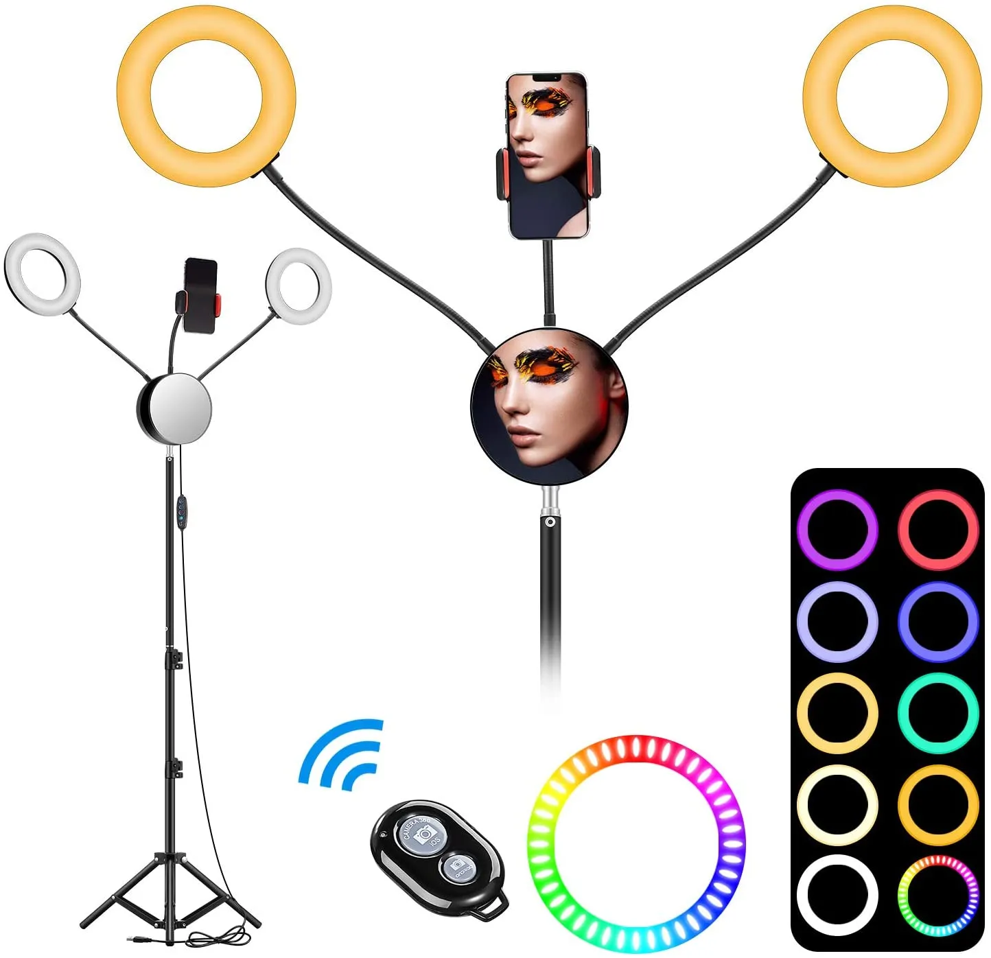 6.6" Ayna tripod ile RGB Selfie'nin Halka Işık, Çift LED ringlight 3200-6500K Canlı Akışı'na Standı / Makyaj / YouTube / TikTok / Fotoğraf