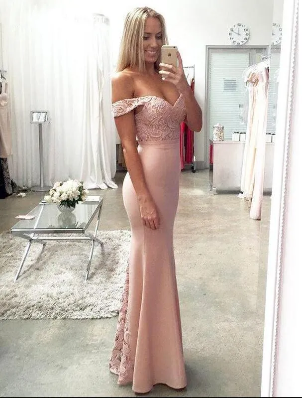 2019 Off Shoulder Sweetheart Blush Pink Mermaid Evening Prom Dresses sheath Simple Long Lace chiffon Party Prom Gown vestido de fiesta