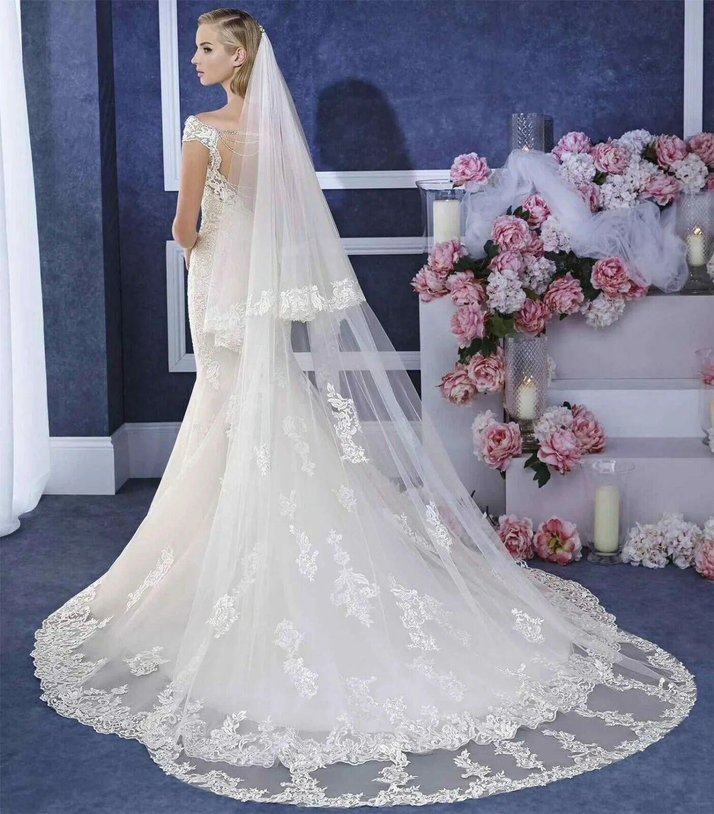 Velo De Boda De Longitud De La Capilla De Marfil Con Peine De Borde De La  Explicación De Encaje Dos Capas De 29,7 € | DHgate, image size:1404x1600