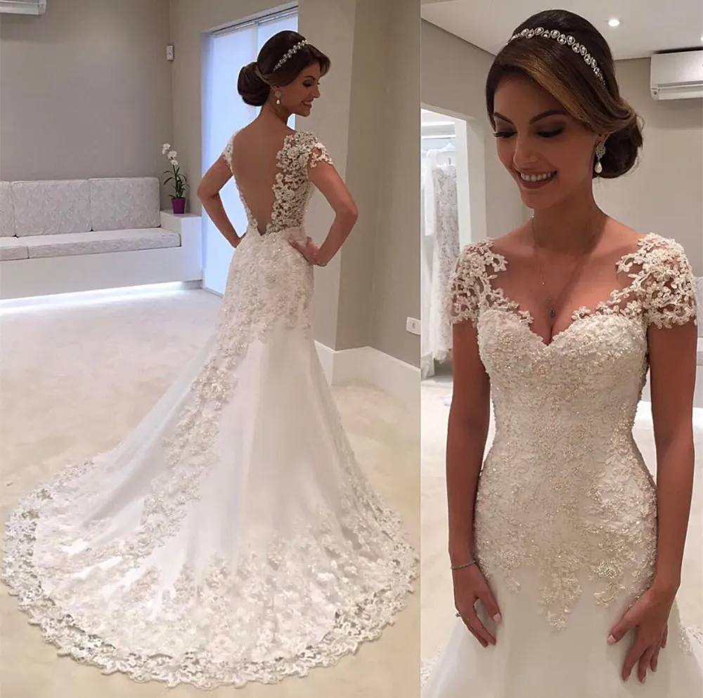 Kapaklı Kollu Tül Mermaid Gelinlik ile Dantel Aplikler 2020 Sweep Tren Gelinlikler Backless Gelin Elbise vestido de novia