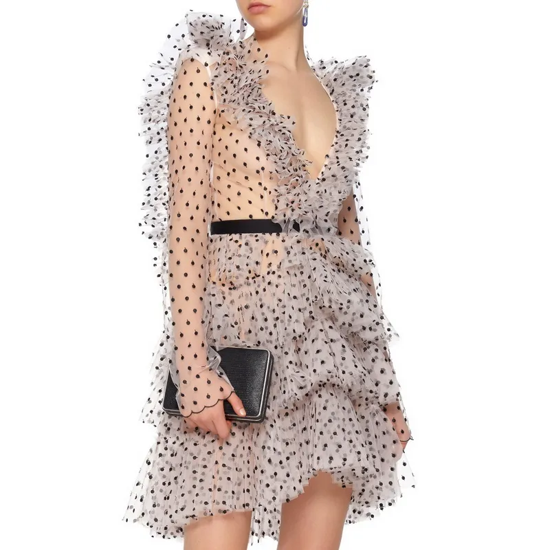 rococo sand metallic dot tiered ruffle maxi dress Beige Tiered Ruffle Polka Dot Charmeuse Gown