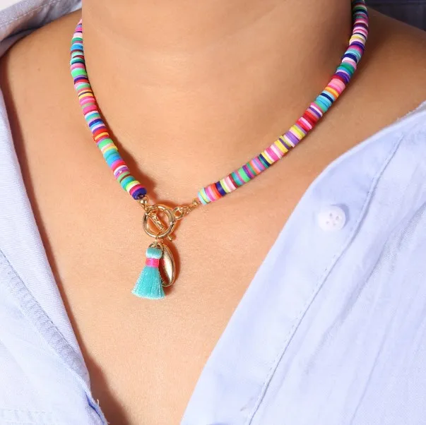 Boho shell colar bohemian colorido polímero argila seashell pingente colar para mulheres feriado jóias praia acessórios