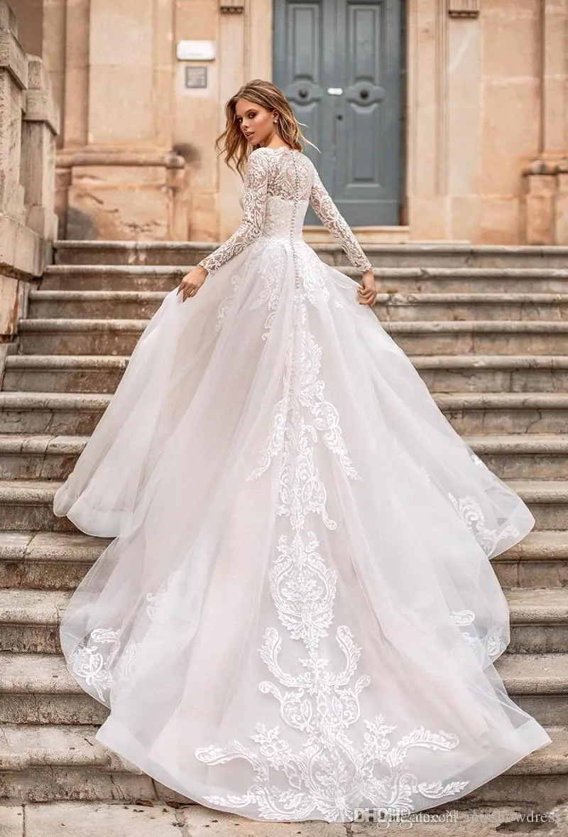 Lace Applique line a wedding dress with Illusion Sweep Train and High Collar - Long Sleeve, Tulle, Plus Size - Perfect for Beach or Garden Bridal