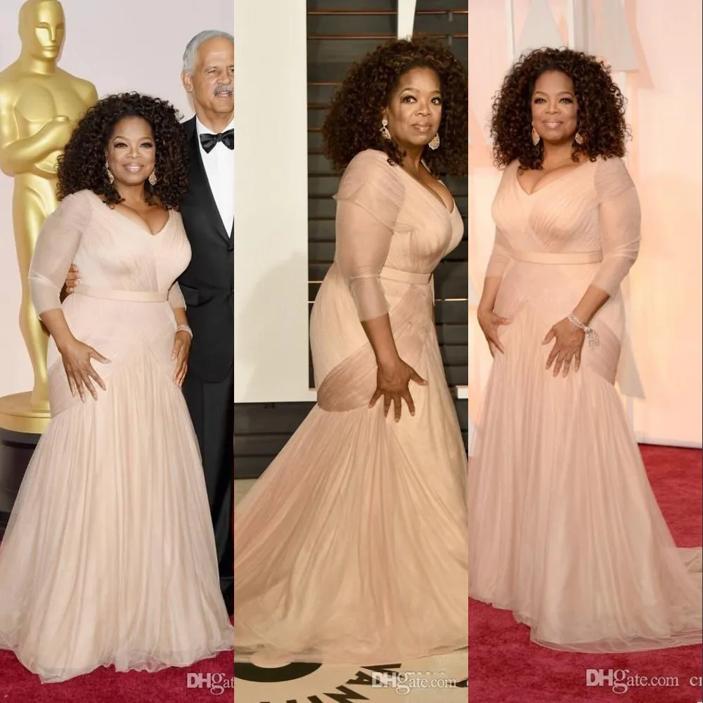 Oprah Winfrey Oscar Celebrity Errötendes Rosa Mutter der Braut Kleider V-Ausschnitt Tüll Lange Ärmel Drapiert Sweep Zug Party Formal Eve258j