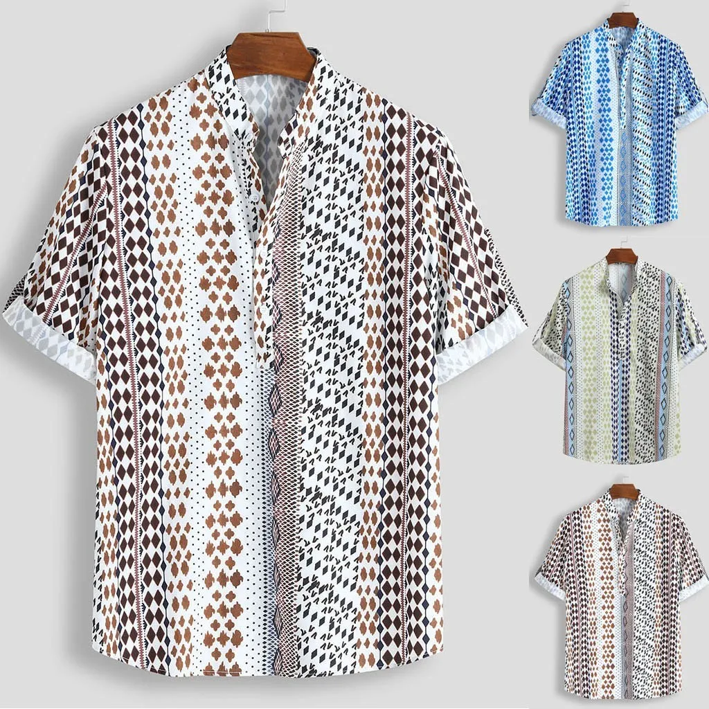 Casual Herren-Hemd Sommer Hawaiianische Mens lose Multi Color-Klumpen-Brust-Halbhülse-Stehkragen Runde Saum Hemden Camisas Hombre