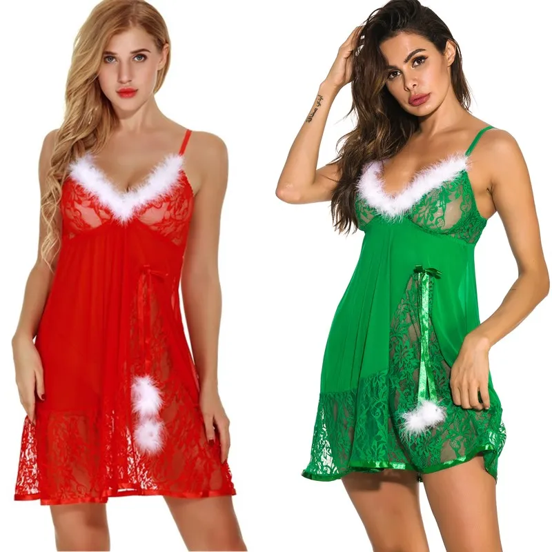 Femmes Noël Festif Vert Rouge Sheer Dentelle Vêtements De Nuit Robe Blanc Fuzzy Fourrure Babydoll Chemise n Panty Set Sexy Santa Lingerie Intime