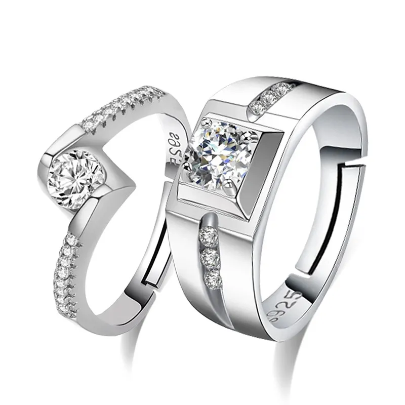 Cubic Zircon Diamond Ring Solitaire Justerbart silverengagemang Bröllopspar Ringar Mens kvinnor kommer och sandiga modesmycken