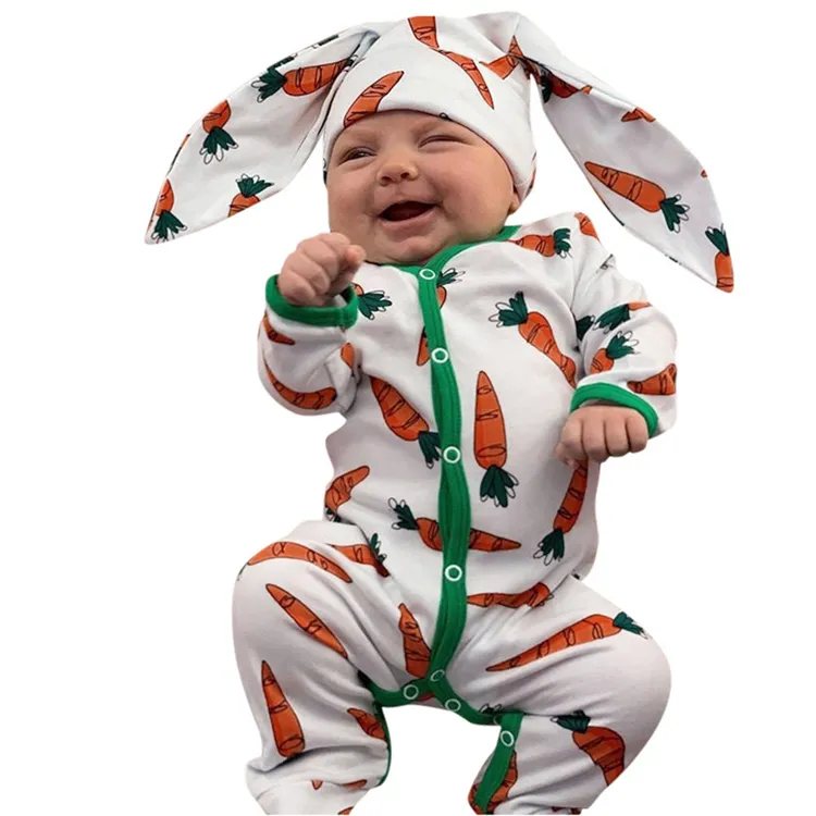 2 stks Hot Pasgeboren Zuigeling Baby Jongens Meisjes Kleding Lange Mouwen Cartoon Carter Carrot Print Romper Jumpsuit + Rrabbit Oren Hoed Outfits Set