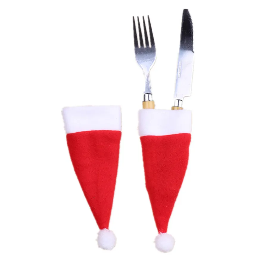 Christmas Santa Hats Silverware Holders Knife Spoon Fork Bag Wine Bottle Cap Cover Xmas Party Dinnerware Decorations Supplies JK1910