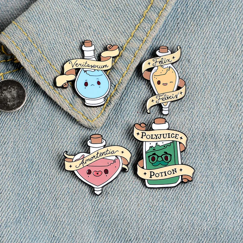 Poção Mágica Esmalte Enamel Pins Dos Desenhos Animados Garrafa Emblemas Boa sorte Love Transformação Verdade Broche Roupas Lapela Pin Filme Jóias Presente Para Criança