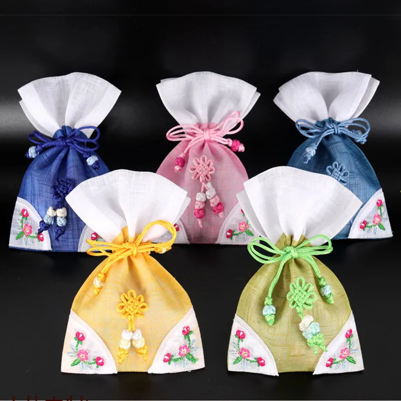 Embroidery Chinese knot Small Gift Bag Drawstring Christmas Pouch Empty Sachet Bag Cloth Jewelry Pouch Wedding Party Favor Bags 10pcs/lot