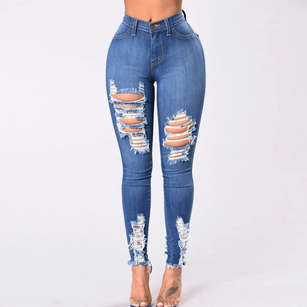 Fashion Casual Long Jeans Women High Waist Skinny Pencil Blue Denim ...