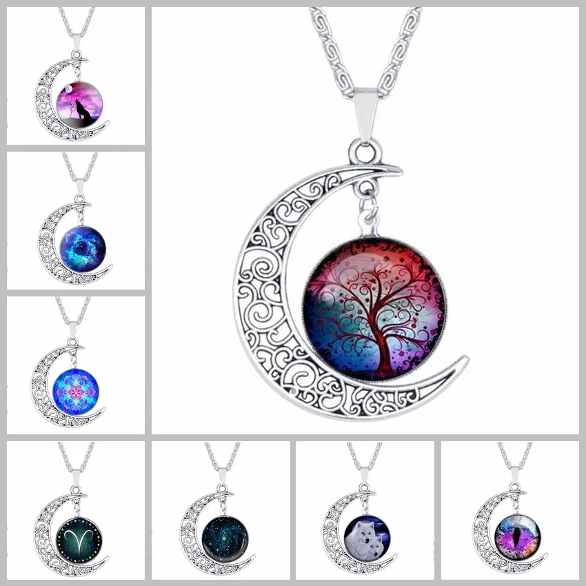 84 Ontwerp Cabochons Glas Maan Kettingen Voor Vrouwen Mannen Boom Of Life Zodiac Teken Bloem Wolf Nebula Space Galaxy Hanger Kettingen Sieraden