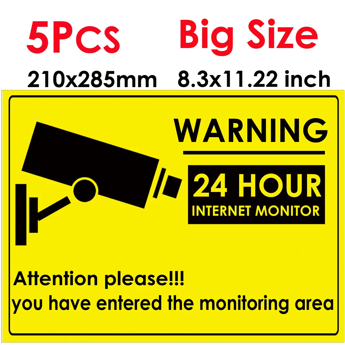 5pcs 24 시간 CCTV 보안 카메라 시스템 경고 기호 스티커 데 칼 감시 CCTV 카메라 비디오 경고 스티커 큰 크기 285x