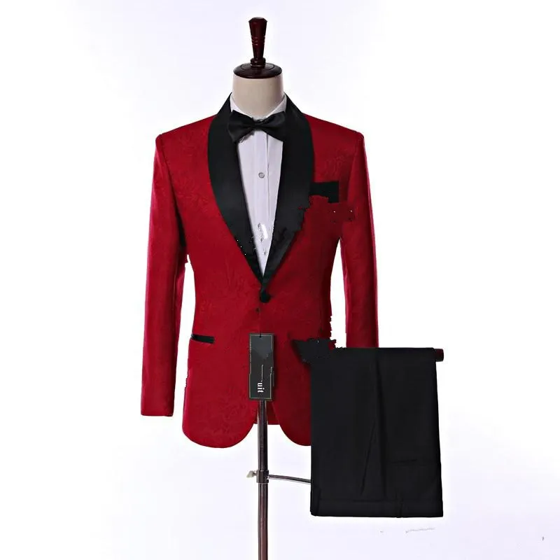 Nuevo Popular de ventilación lateral de un botón rojo Paisley Novio Tuxedos solapa Slim Fit Groomsmen boda hombres trajes de fiesta (chaqueta + pantalones + corbata) 342