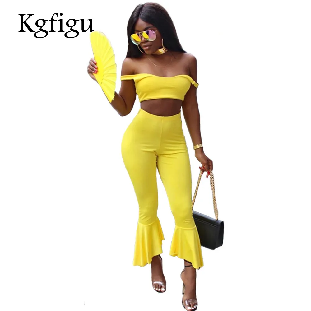 KGFIGU 2018 été nouveau Style haute qualité mode deux pièces ensembles femmes Sexy maigre sans bretelles débardeurs taille élastique Flare pantalon