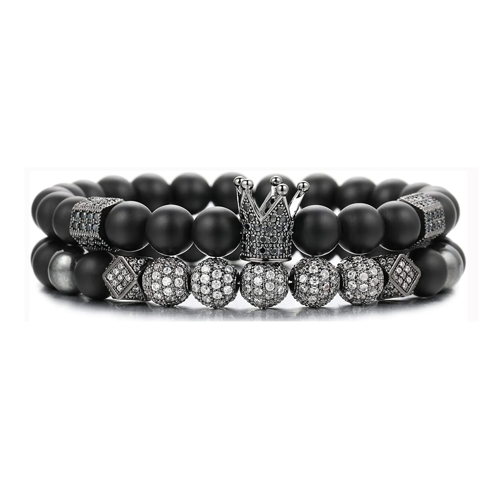 2 stks paar vriendschap zwarte matte kralen armbanden 8mm onyx stenen armbanden sets charme koning kroon voor vrouwen mannen sieraden