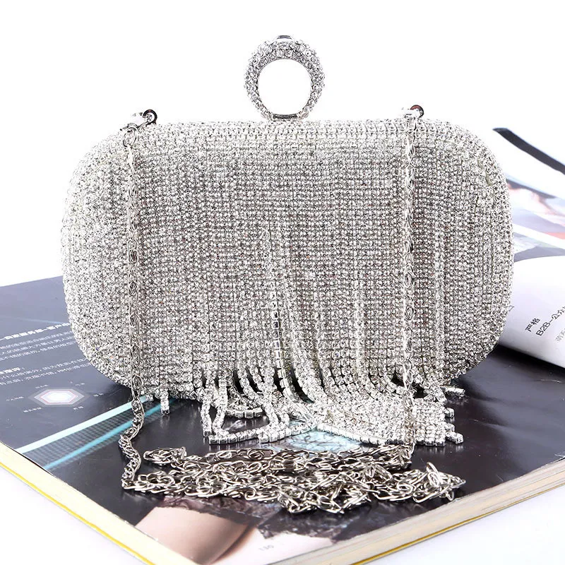 New strass mulheres Clutch sacos de diamantes borlas anel de dedo noite sacos de cristal de casamento sacos de bolsas de noiva bolsa