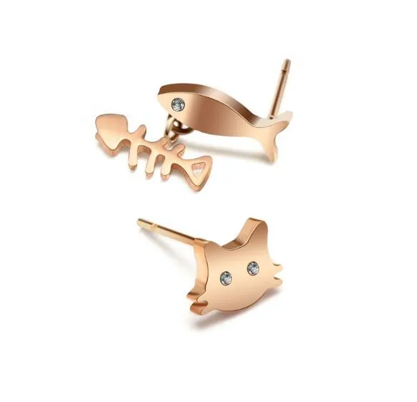 Titanium Steel Cute Cat Stud Earrings Fish Bone Drop 3 Color Earring For Women Girl Child Fashion Asymmetric Jewelry