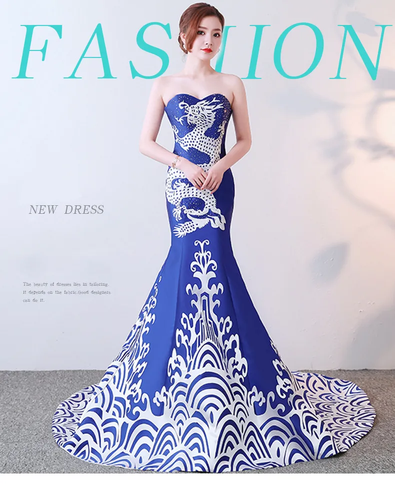 パーティードレス Azur Blue Coral Silk Gown Cheongsam Dresses Sexy Mermaid Trailing Qipao Womens