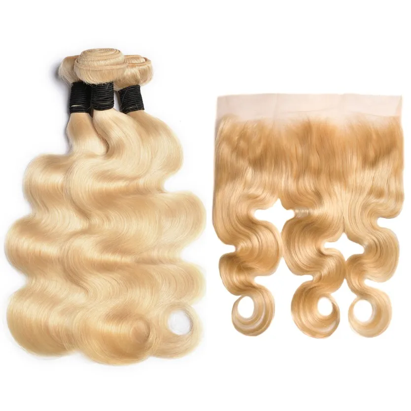 613 Blond Body Wave Bundlar med spets Frontleverantör Brasilianska hårväv 613 Färg Remy Human Hair Wefts