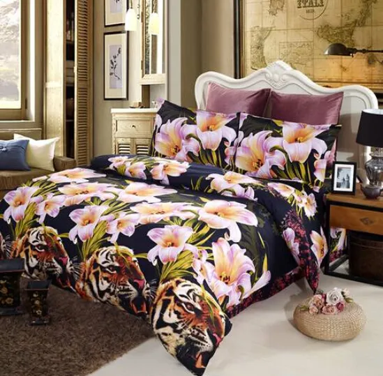 wholesales Free shipping Printed Bedding Set Bedclothes Tiger and Lily Flower Queen Size Duvet