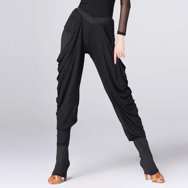 Fashion-Ballroom Latin Dance Pants Women Black Chiffon Tassel Ladies Practice Dancing Wear Clothes Samba Tango Salsa Trousers DNV10169