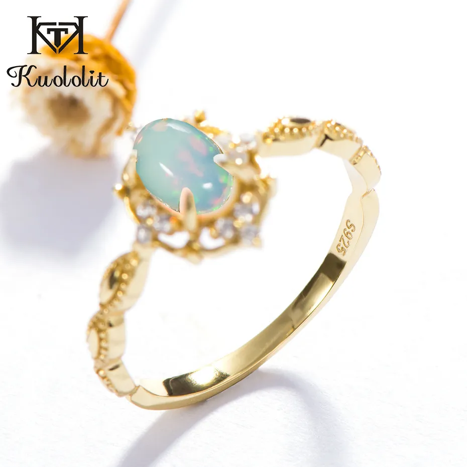 Kuololit Natural Opal Gemstone Rings For Women 925 Sterling Silver Fire Stone Yellow Color Ring Wedding Engagement Fine Jewelry Y19051602