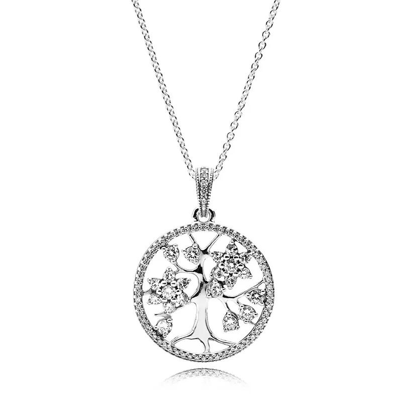 925 فضة تشيكوسلوفاكيا الماس الأسرة شجرة قلادة سلسلة قلادة الشعار الأصلي مربع ل باندورا كريستال قلادة للنساء الرجال