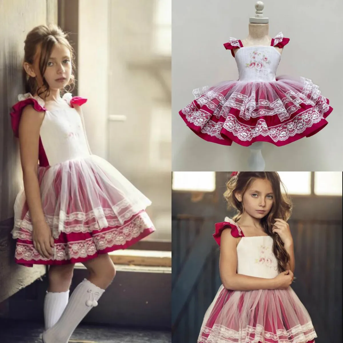 2020 Krótka dziewczyna Sukienki Square Appliqued Koronki Bez Rękawów Dziewczyna Pageant Suknia Custom Made Chrotening Dress