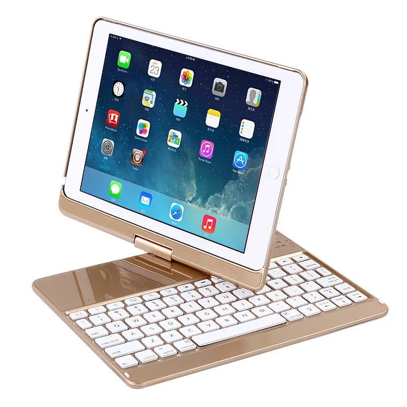 Ultra tunn färgstark bakgrundsbelysning Aluminium Flip Fullständigt skydd Skydd Auto Sova Wake Rotating Bluetooth Keyboard Case till iPad Pro 9.7 Air 2