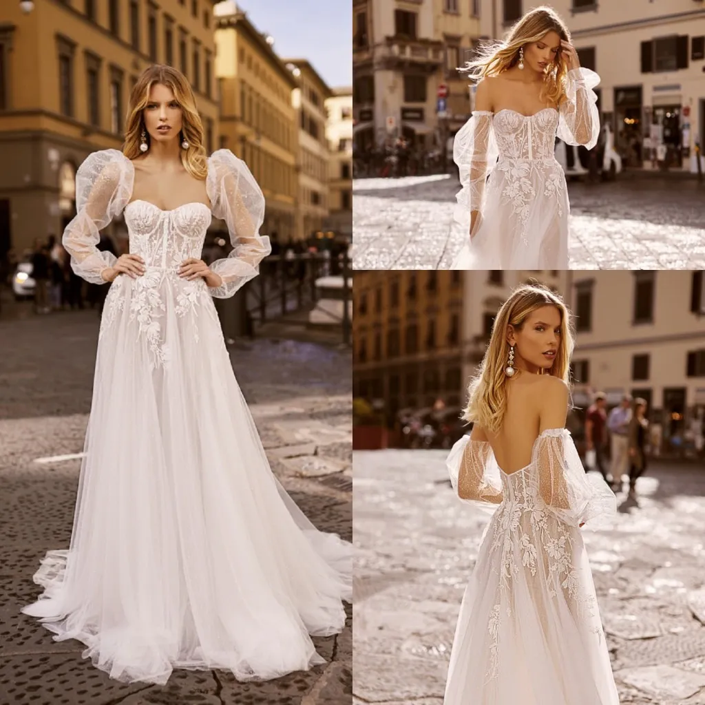 Plaża Suknie ślubne Sweetheart Koronki Zdejmowane Długie Rękawniki Suknie Bridal Suknie Ślubna Linia Backless Illusion