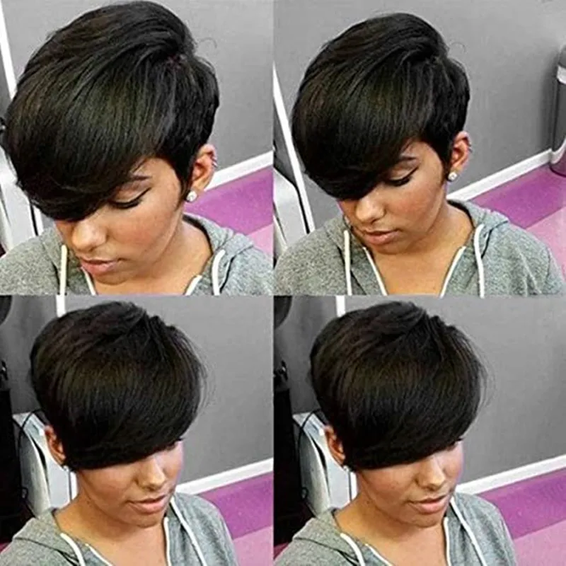 Perucas de corte de pixie de cabelo humano curto com bangas laterais emplumadas para penteados das mulheres negras em linha reta perucas dianteiras sem renda