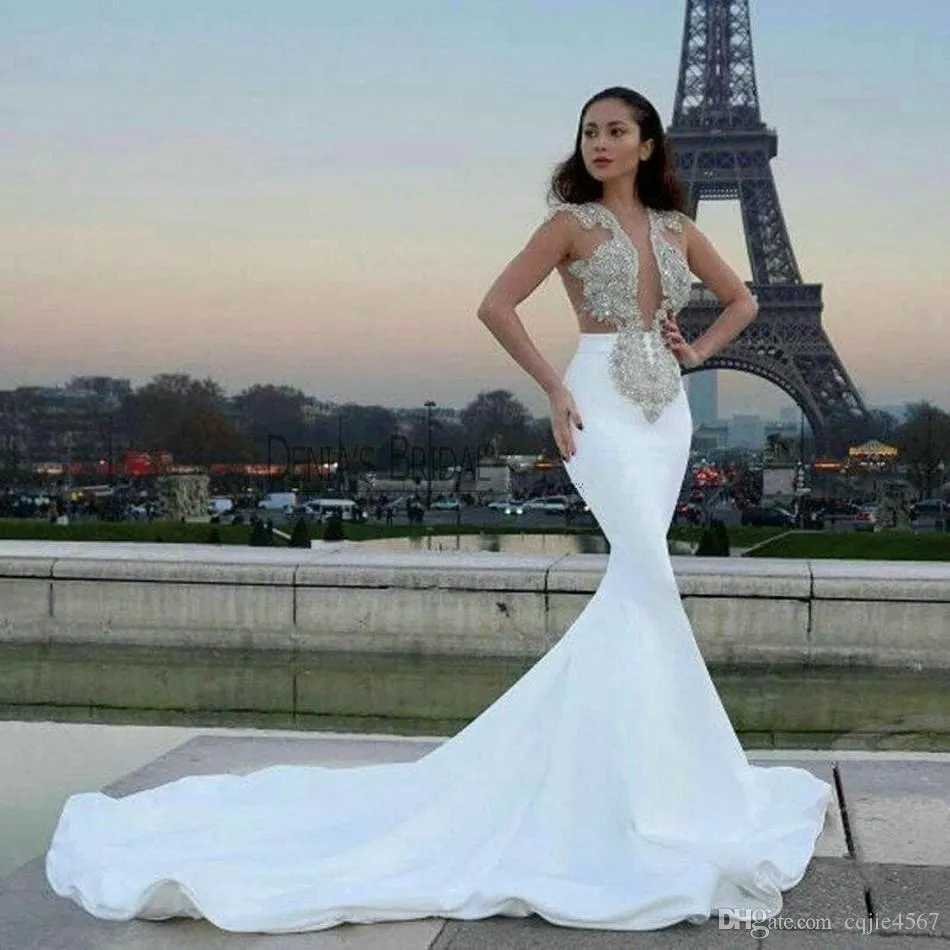 Sexy Deep V Neck Mermaid Wedding Dresses Beaded Lace Appliques Court Train Wedding Dress Bridal Gowns Custom robe sirène longue traine