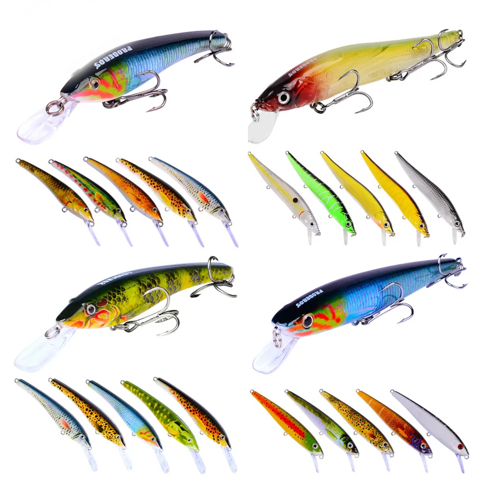 DHL shipping Wholesale 24Pcs Classic Plastic 4# 6# 8# 3Hooks Minnow Fishing Lure Big Deep Sea Bass Crankbait Artificial Wobbler