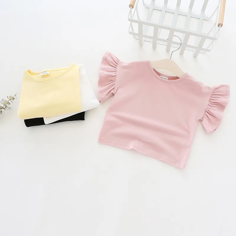 여자 아이 의류 T 셔츠 100 코튼 oneck ruffles 반소매 소녀 티셔츠 솔리드 컬러 소녀 여름 티셔츠