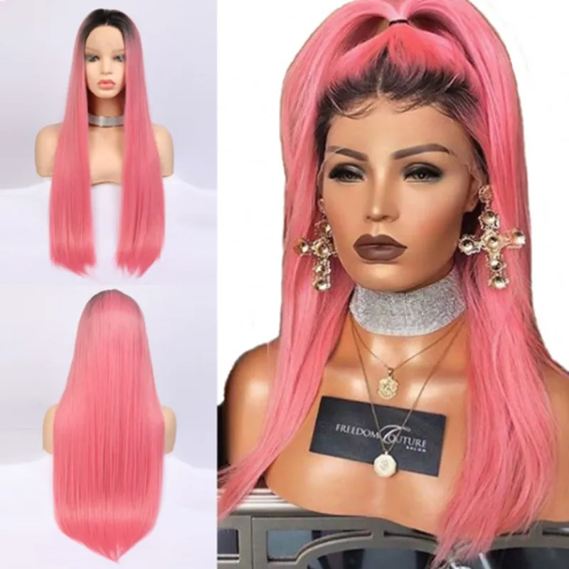 26 inches brown rooted pink lace front HD Human Hair Lace Front Wigs Highlight Pink With... From  main image 4