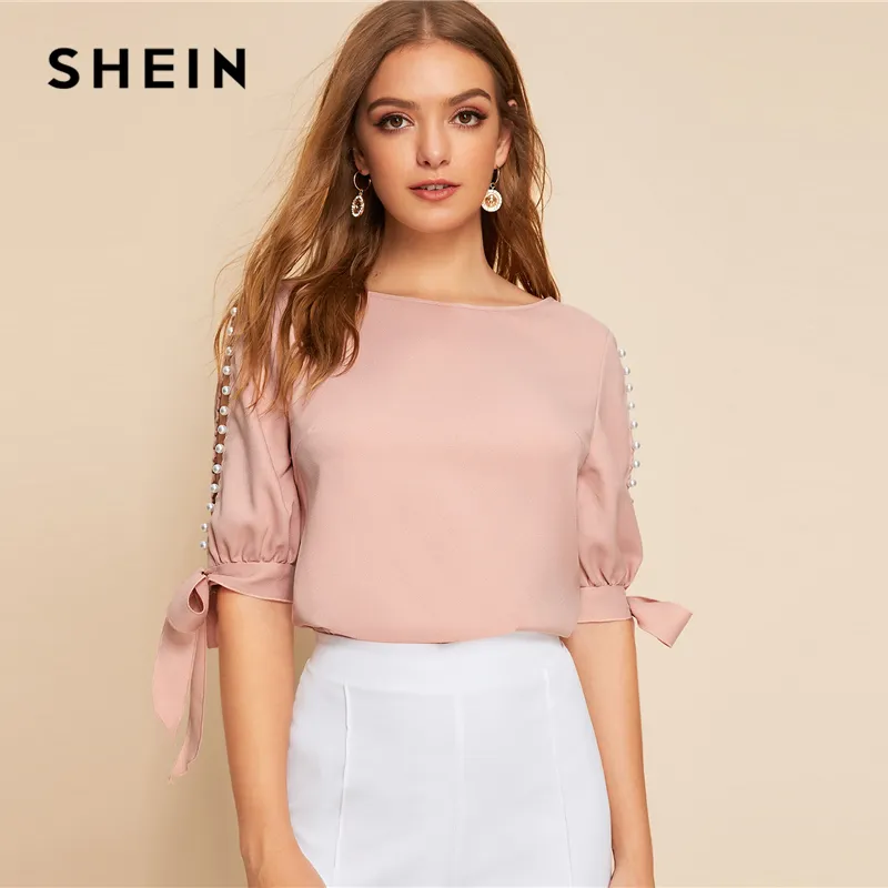 Shein Solid Perle perline laterale nodo Cuff camicetta elegante Donna Top 2019 Autunno mezza manica di base camicette per le giovani signore