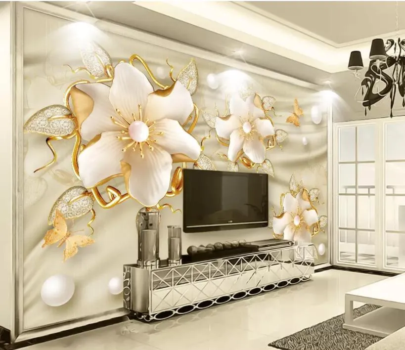 Papier peint mural moderne 3D avec bijoux dorés, fleur, bijoux en soie, fond de télévision, fleur de luxe, papier peint de salon, décoration d'intérieur