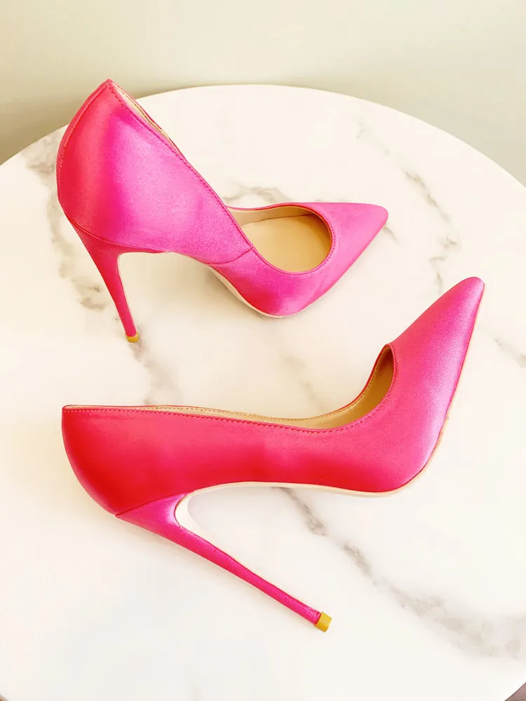 summer fashion women pumps pink satin silk point toe bride wedding shoes high heels genuine leather real photo 12cm 10cm