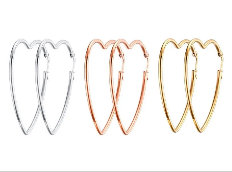 5pair of in bulk silver/ gold/ rose gold Stainless Steel Simple design Large sweet Lover Heart Hoop Earrings Women Pairty jewelry